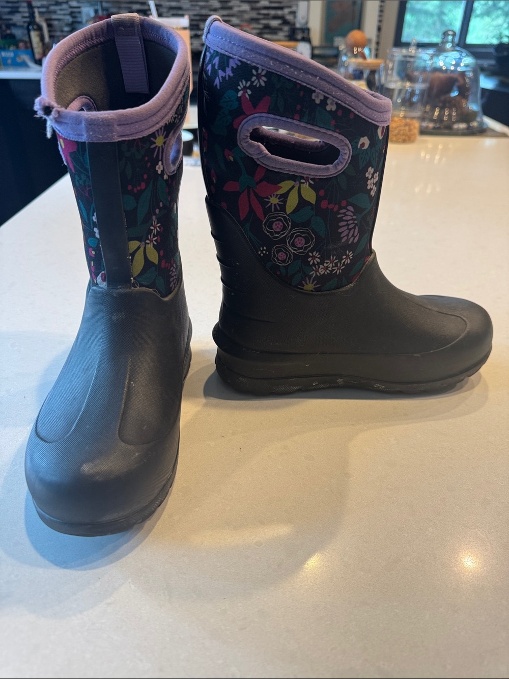 Bogs Black Floral Kids Waterproof Boots with Purple Trim